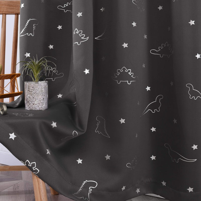 LORDTEX Dinosaur and Star Foil Print Blackout Curtains for Kids Room - Thermal Insulated Curtains Noise Reducing Window Drapes for Boys and Girls Bedroom, 42 x 84 Inch, Grey, Set of 2 Panels - Image 4